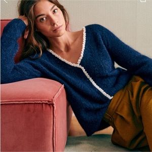 Women's Navy Blue Sweater with White Trim